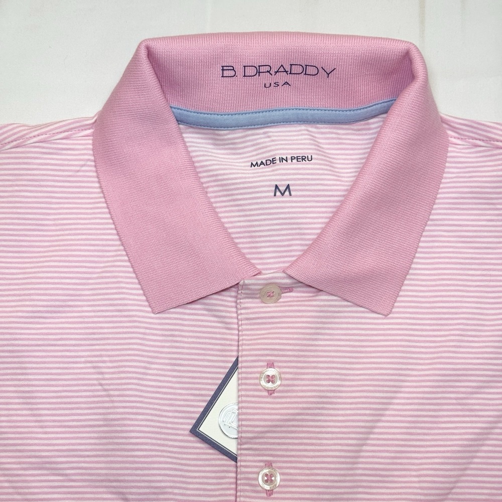 B Draddy Mens Pop Golf Polo Shirt Size M Pink & White Stripe Pima Cotton Preppy - Picture 3 of 9